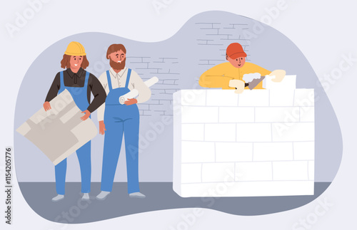 Building repairing workers at construction site. Builders, repairman team, bricklayer laying bricks, installing wall. Hand drawn vector illustration