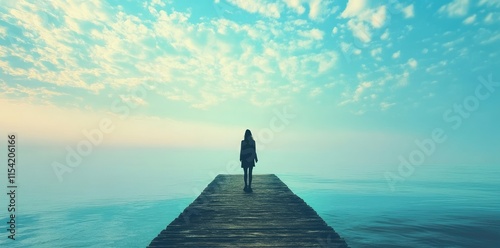 Solitary Figure Stands On Wooden Dock Over Calm Water