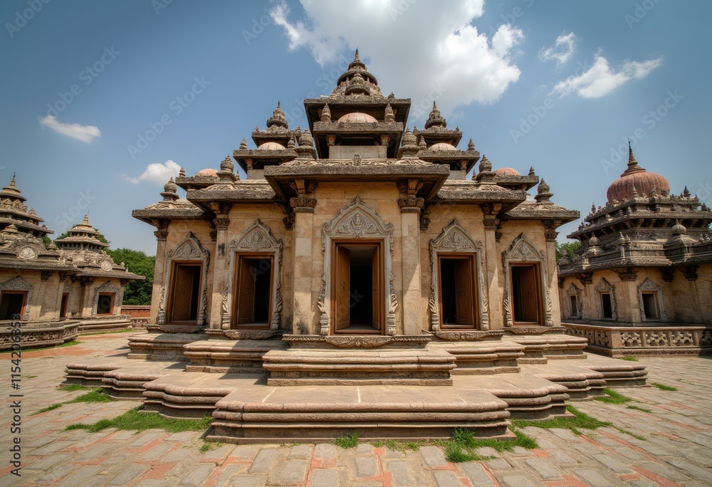 An intricately carved stone temple with multiple entrances and a tiered roof. An intricately carved stone temple with multiple entrances and a tiered roof.