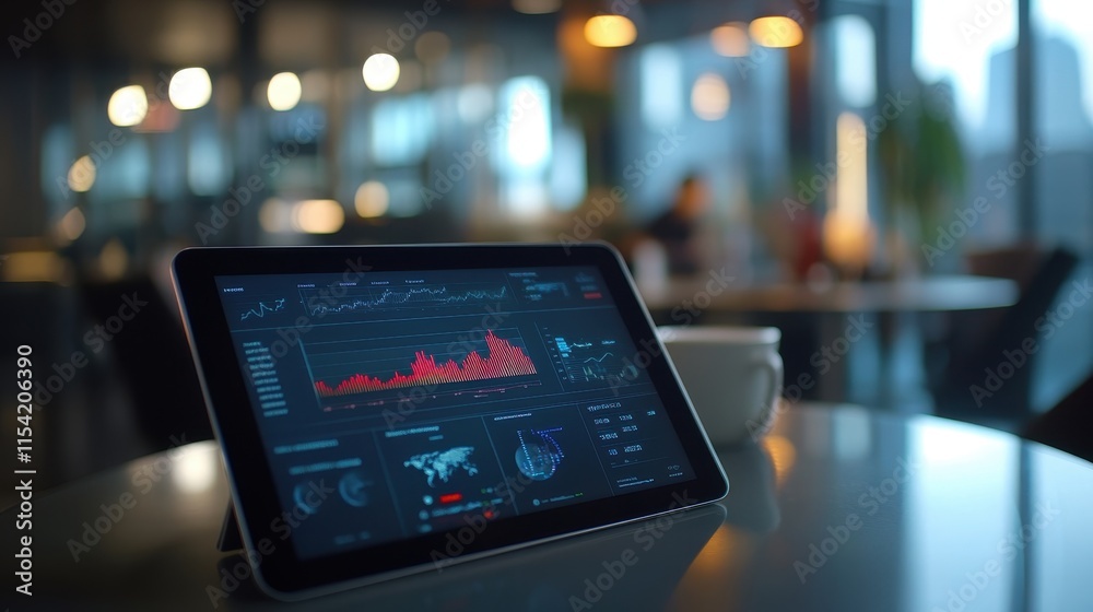Close-up of a tablet displaying business reports and digital market analysis in a professional office Close-up of a tablet displaying business reports and digital market analysis in a professional office