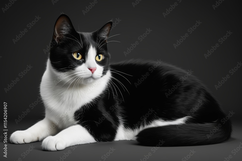Fototapeta premium there is a black and white cat sitting on a black surface