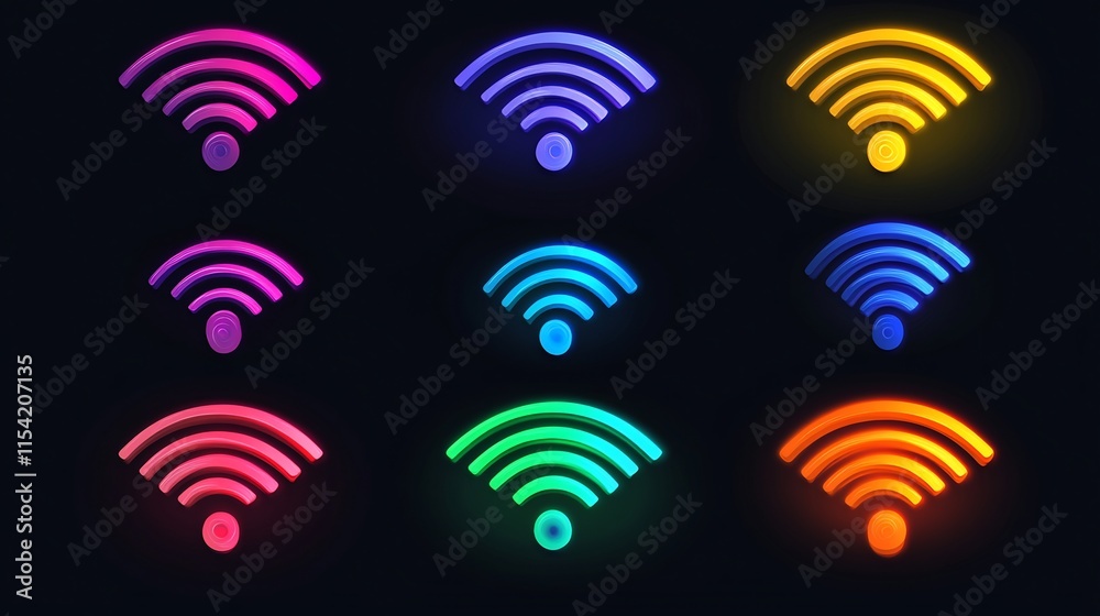 Collection of Colorful Neon Wifi Symbols: A vibrant set of wireless network icons in various colors against a dark background. Collection of Colorful Neon Wifi Symbols: A vibrant set of wireless network icons in various colors against a dark background.
