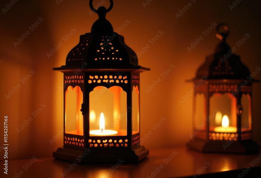 Two ornate lanterns with lit candles casting warm glow Two ornate lanterns with lit candles casting warm glow