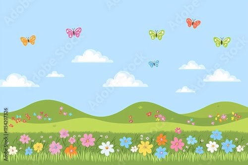 Colorful Spring Landscape with Butterflies and Flowering Meadow