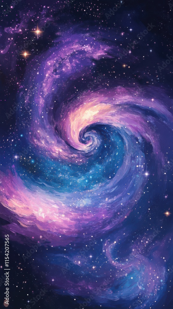 Obraz premium Galaxy inspired abstract design with swirling purples, blues, and stars. Represents the infinite universe, sparking imagination and curiosity about the cosmos. HD phone wallpaper.