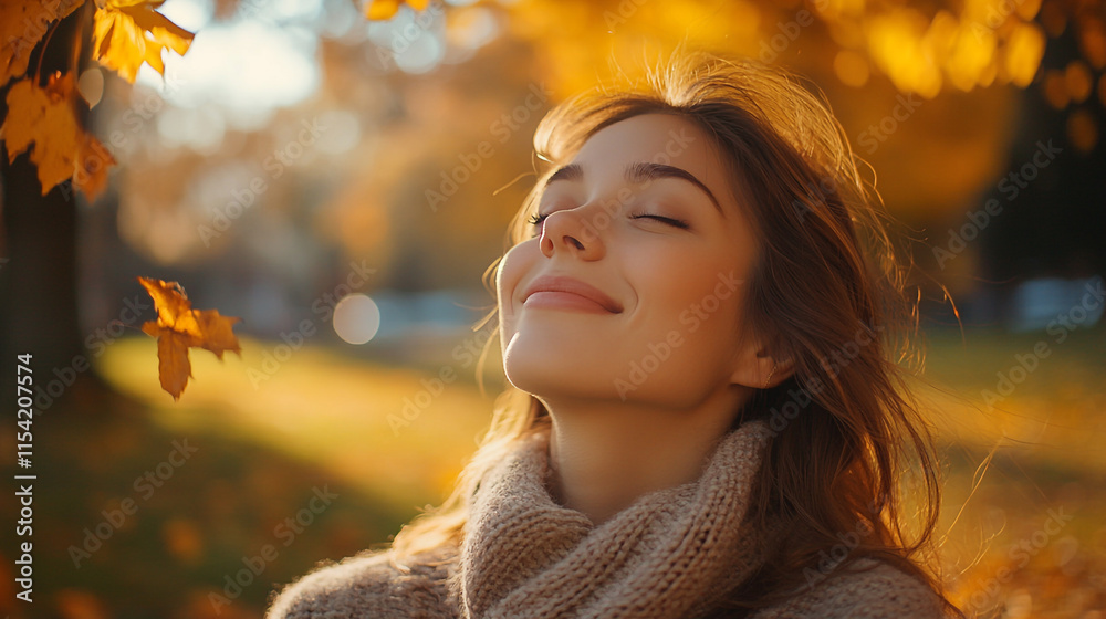 Fototapeta premium Woman enjoying a serene autumn day with golden leaves in the park. 