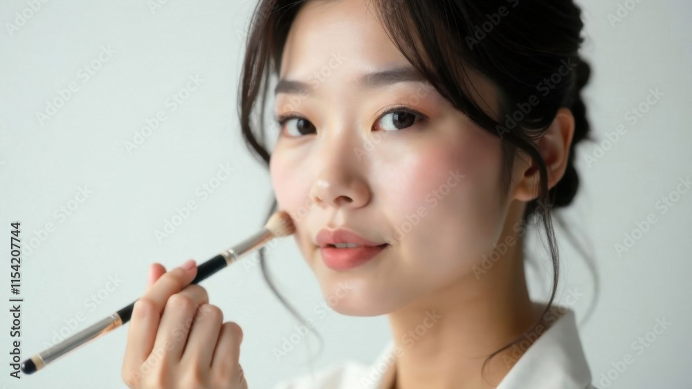 Young korean woman with smile applying makeup with brush against white background, isolated Young korean woman with smile applying makeup with brush against white background, isolated