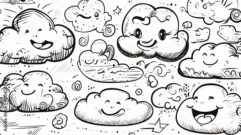 Happy cartoon clouds doodle background illustration for kids design. Happy cartoon clouds doodle background illustration for kids design.