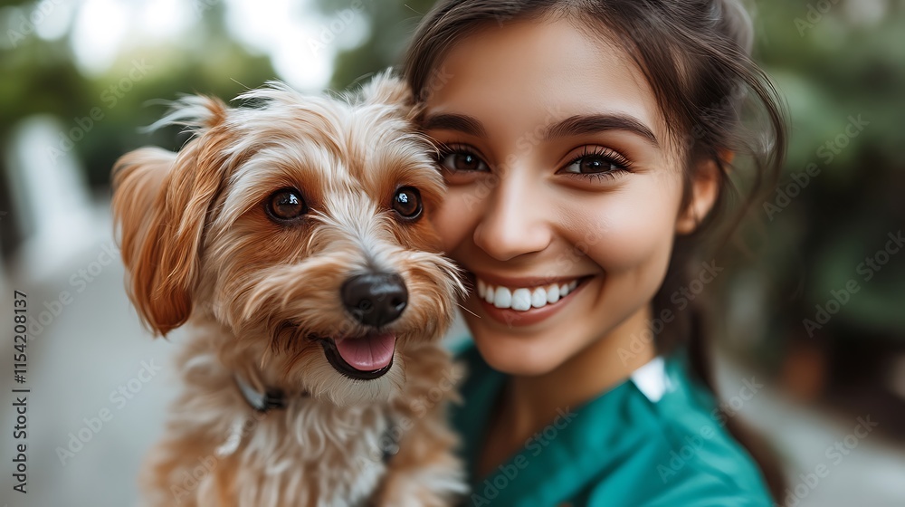 Woman smiling and holding a small fluffy dog