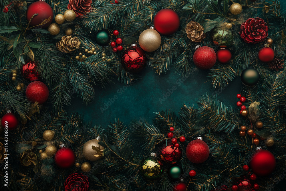 Elegant Christmas Pine Branches with Red Green and Gold Ornaments Holiday Lights and Seasonal Festive Background Elegant Christmas Pine Branches with Red Green and Gold Ornaments Holiday Lights and Seasonal Festive Background