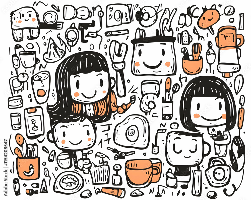 Happy doodle characters amidst daily objects; office background; design element.