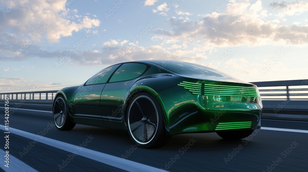 Futuristic electric car driving on highway at sunset automotive technology urban environment dynamic perspective Futuristic electric car driving on highway at sunset automotive technology urban environment dynamic perspective