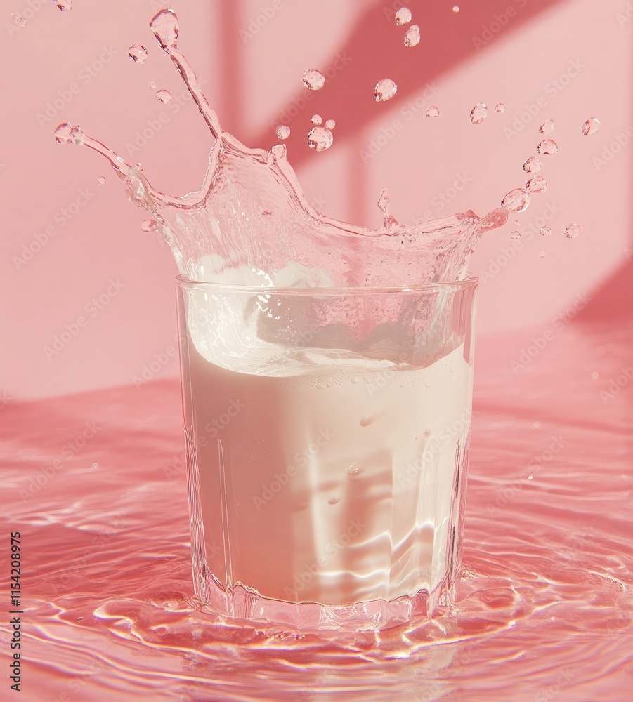 A glass of milk splashing, isolated on a pink background A glass of milk splashing, isolated on a pink background