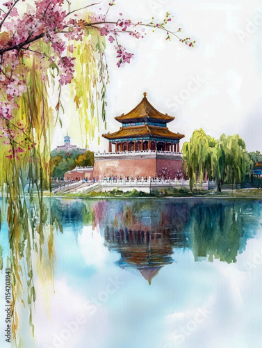 Watercolor Painting of Chinese Pagoda with Blossoms and Reflection