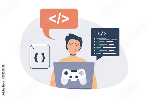 Video game developer web concept with flat cartoon people for website design. Man working with code for computer game, programming at screen and testing with joystick console. Vector illustration.