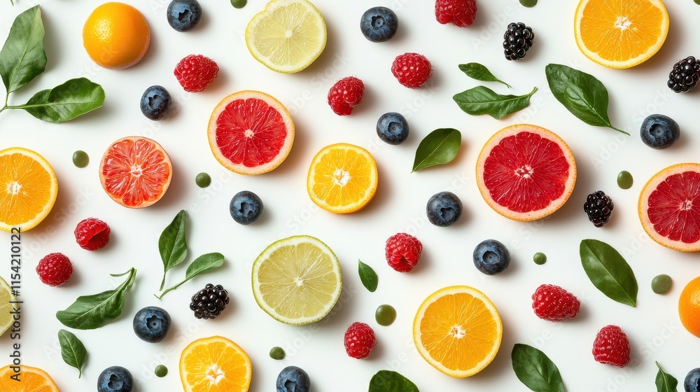 A vibrant arrangement of assorted fruits and leaves on a white background. A vibrant arrangement of assorted fruits and leaves on a white background.