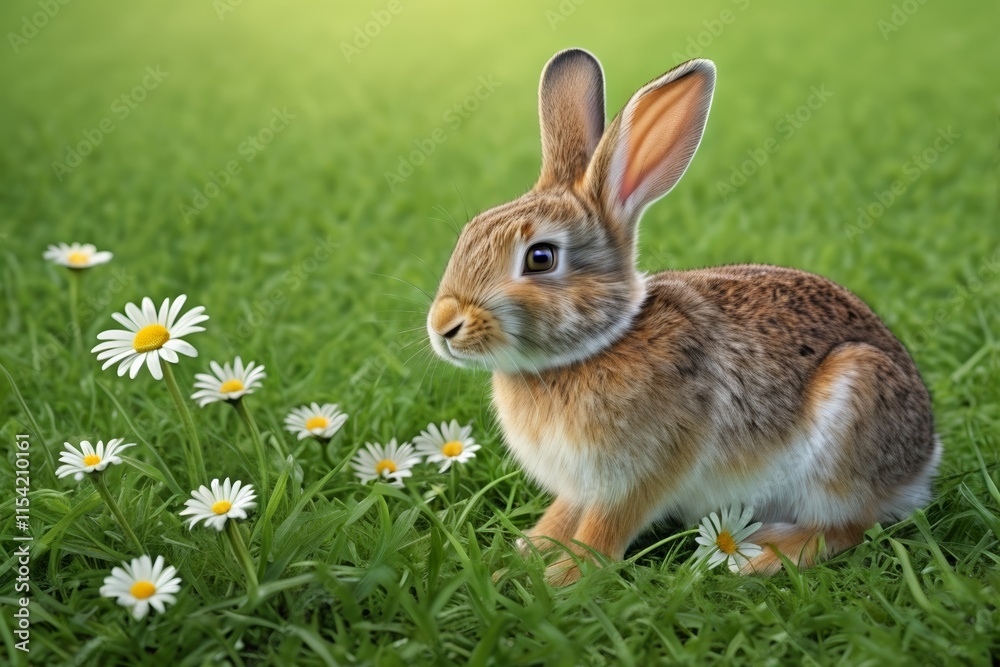 there is a rabbit that is sitting in the grass with daisies there is a rabbit that is sitting in the grass with daisies