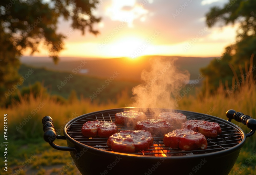 Grilling burgers on a sunset with smoke rising Grilling burgers on a sunset with smoke rising