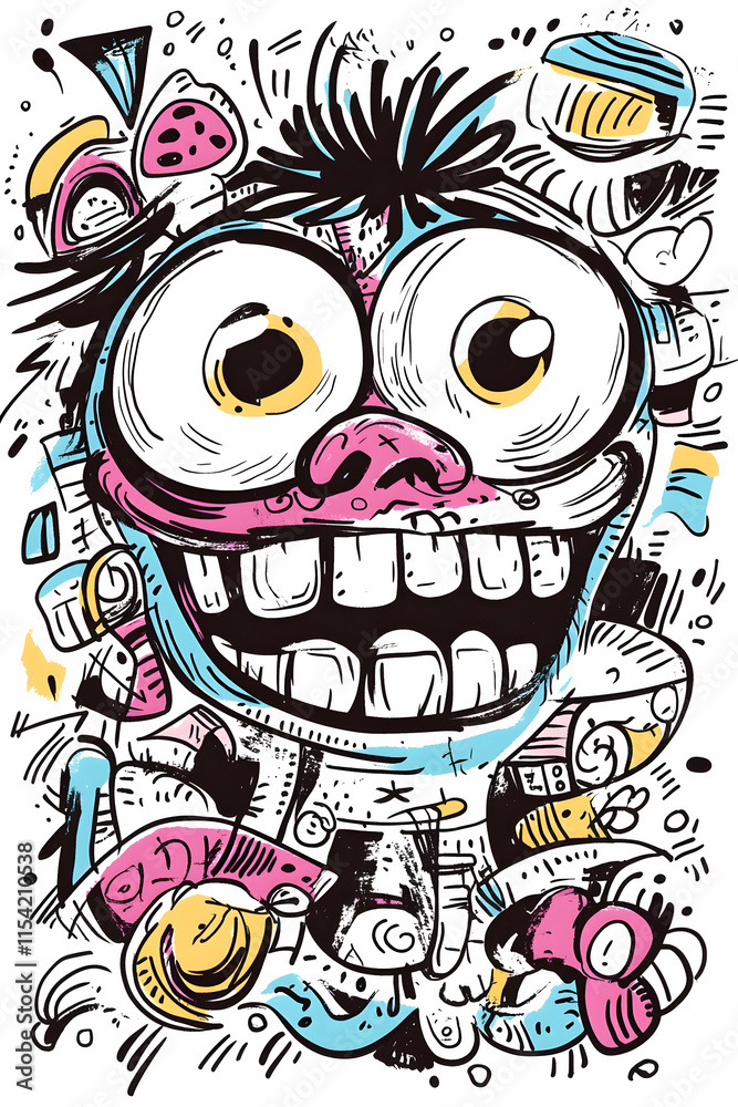 Fototapeta premium Joyful Cartoon Character Doodle, Vibrant Background, Graphic Design, T-Shirt Print.