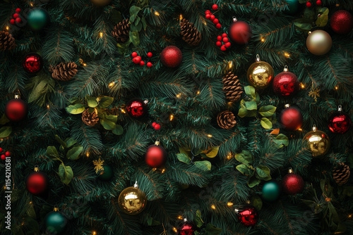 Elegant Christmas Pine Branches with Red Green and Gold Ornaments Holiday Lights and Seasonal Festive Background