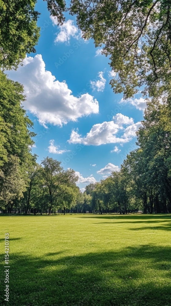 beautiful wooded park with a blue sky with clouds with copy space vertically 9:16 beautiful wooded park with a blue sky with clouds with copy space vertically 9:16