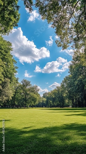 beautiful wooded park with a blue sky with clouds with copy space vertically 9:16