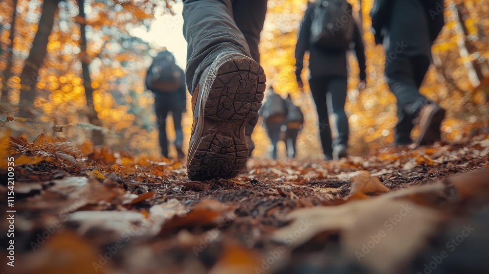 Group hiking adventure through autumn forest trails nature photography vibrant fall colors ground level perspective Group hiking adventure through autumn forest trails nature photography vibrant fall colors ground level perspective
