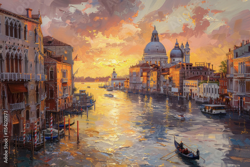 Vibrant Venice canal at sunset with gondolas and historic architecture