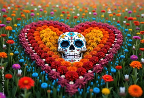 A colorful sugar skull rests in a heart shaped field of flowers. photo