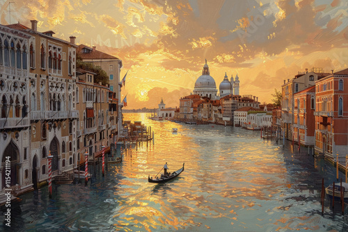 Vibrant Venice canal at sunset with gondolas and historic architecture