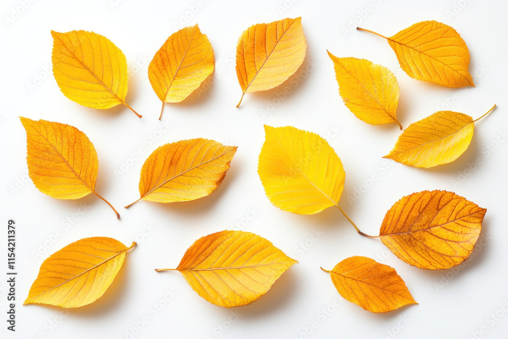 Obraz premium Autumn leaves on white background, vibrant colors, and varying sizes, creating a festive and seasonal atmosphere.