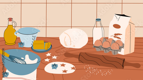 A kitchen table with baking ingredients. Home-made cookies, bread and cakes.