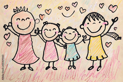 Happy family drawing with joyful hearts and smiles.