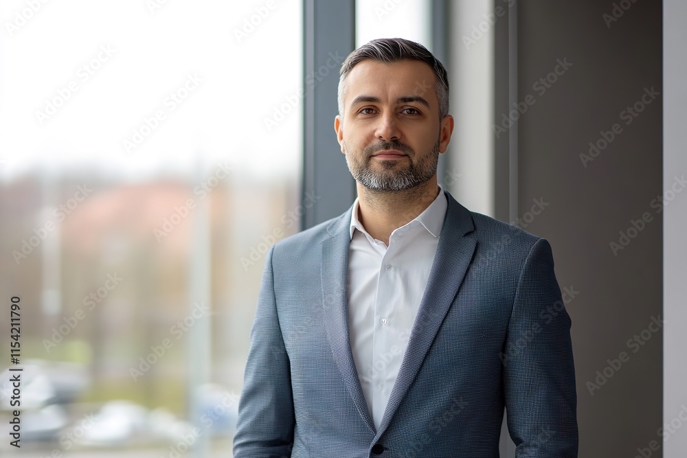 Confident man in suit stands by large window, showcasing modern Confident man in suit stands by large window, showcasing modern