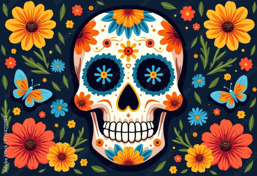A sugar skull adorned with vibrant flowers a symbol of Dia de los Muertos. A sugar skull adorned with vibrant flowers a symbol of Dia de los Muertos.