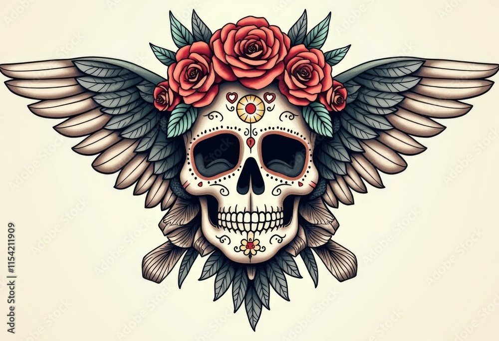 Fototapeta premium Sugar skull with wings and floral crown Day of the Dead art