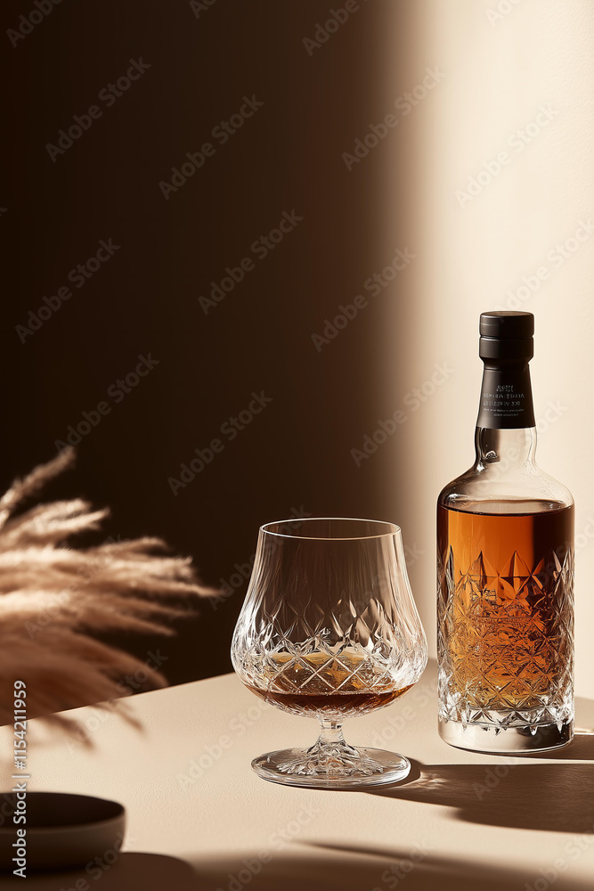 International Scotch Day celebrated on February 27, a symbolic still life of a whiskey bottle and a crystal glass with Scotch, isolated on a solid deep brown background with ample copy space International Scotch Day celebrated on February 27, a symbolic still life of a whiskey bottle and a crystal glass with Scotch, isolated on a solid deep brown background with ample copy space