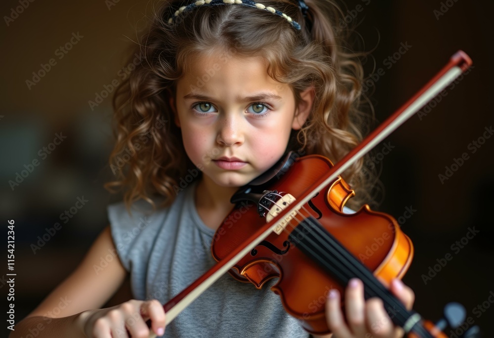 Young girl with curly hair playing violin with intense focus. Young girl with curly hair playing violin with intense focus.