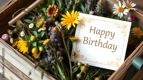 Rustic Charm: A weathered wooden crate overflowing with lush wildflowers and herbs, a crisp white gift card subtly nestled amongst the blooms. The text "Happy Birthday" is delicately embossed onto the