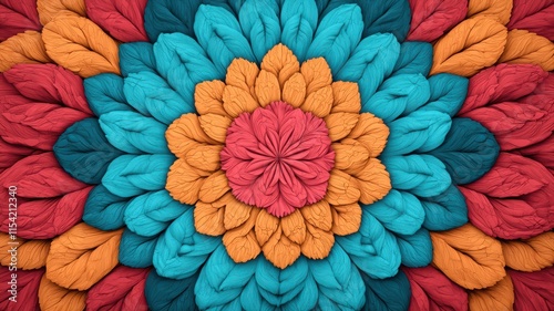 Wallpaper Mural A vibrant, symmetrical floral pattern featuring bold colors like teal, orange, and red, creating a visually striking design. Torontodigital.ca