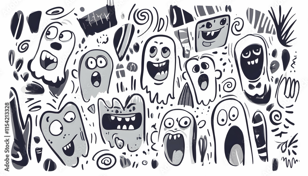 Obraz premium Playful grayscale monster doodles background illustration for Halloween design.