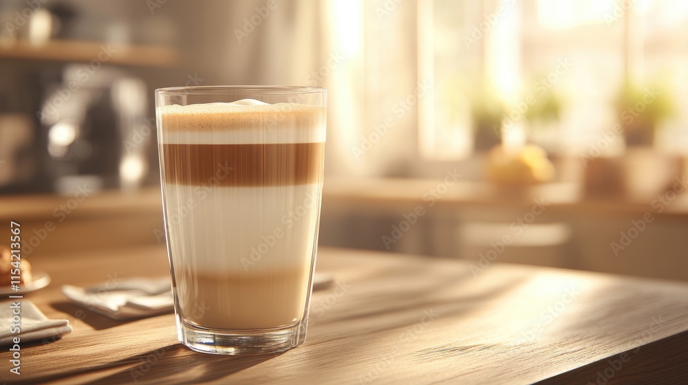 Refreshing Latte with Creamy Layers in a Sunlit Kitchen Setting Refreshing Latte with Creamy Layers in a Sunlit Kitchen Setting