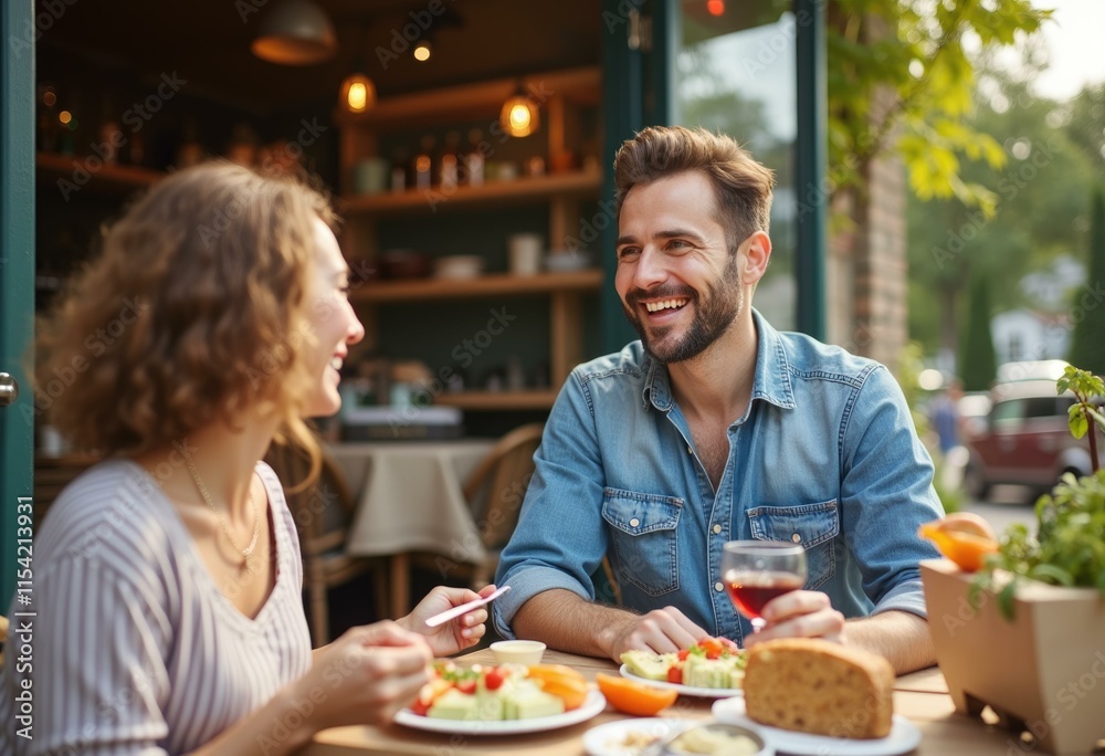Couple enjoys a meal and conversation on a patio. Couple enjoys a meal and conversation on a patio.