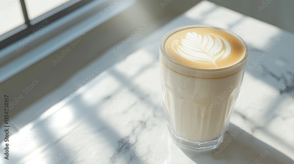 Beautiful Latte Art Coffee in Glass on Bright Marble Surface Beautiful Latte Art Coffee in Glass on Bright Marble Surface