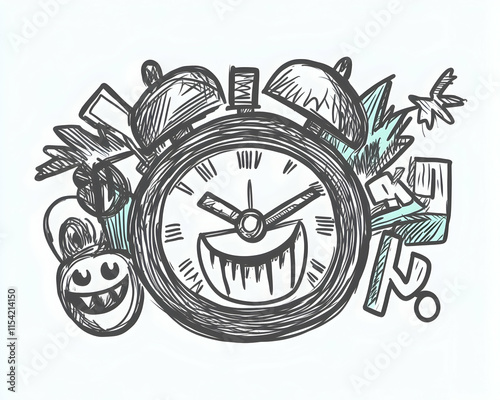 Sketchy Alarm Clock Time Management Doodle Illustration. photo