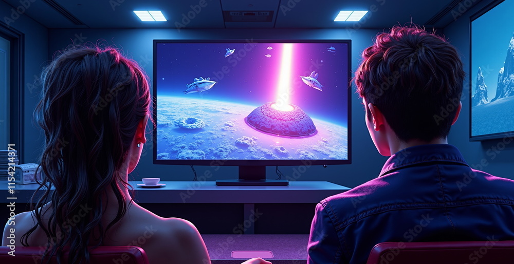 Obraz premium Couple watching sci-fi movie on large screen in dark room