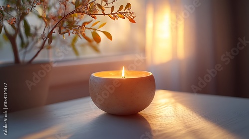 Lit Candle and Blossoming Branch at Sunset