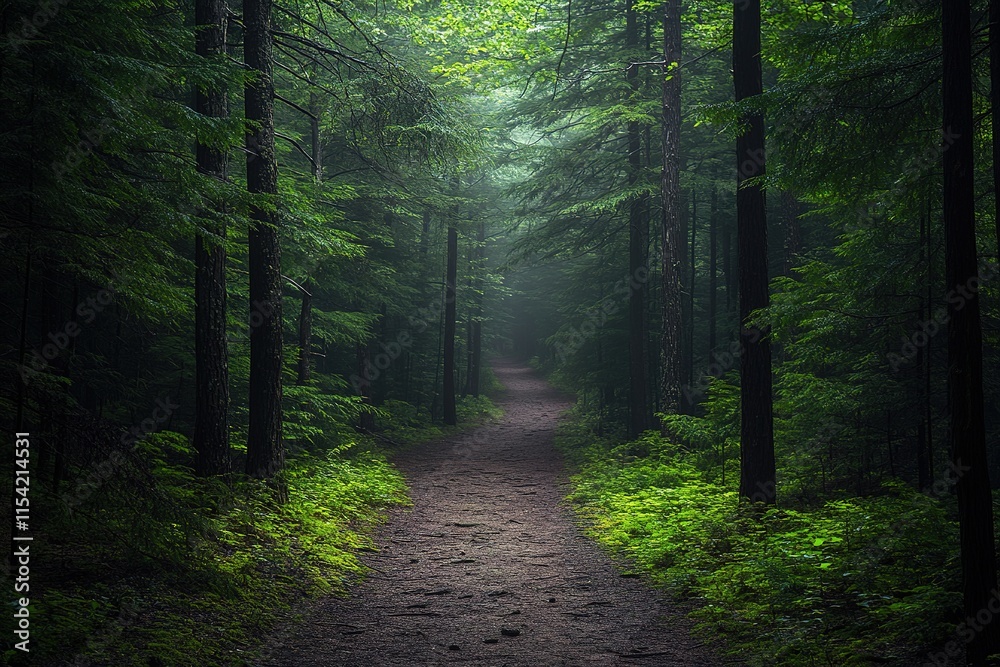 Obraz premium Lush green forest path illuminated by soft light, inviting explo