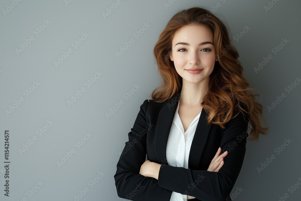 Happy Young Business Woman Smiling Confidently in Professional Attire Posing Against Grey Background Happy Young Business Woman Smiling Confidently in Professional Attire Posing Against Grey Background