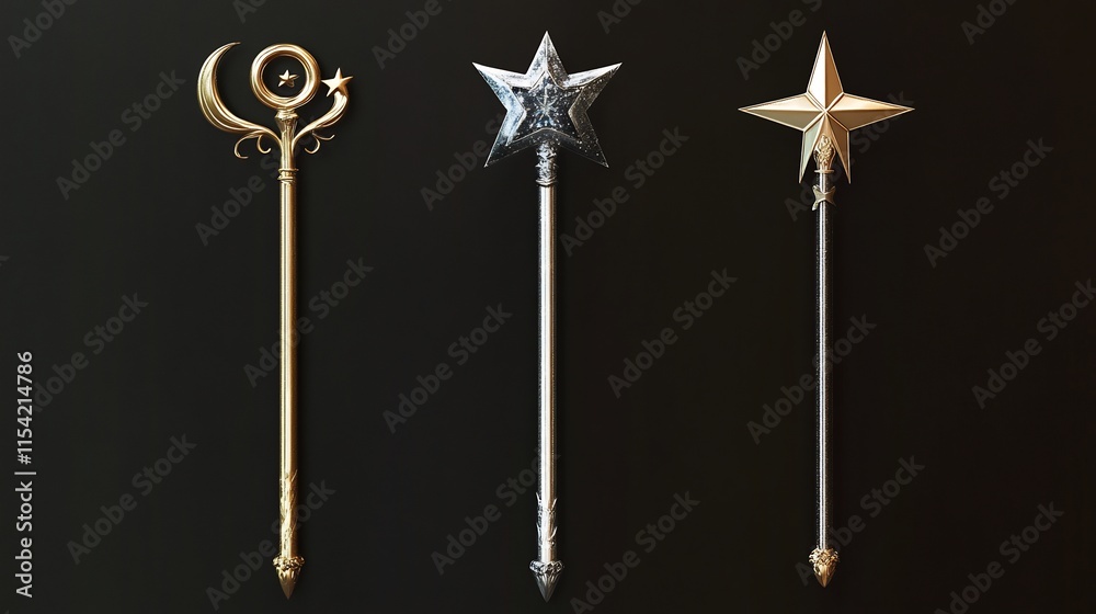 Three Elegant Magical Wands: Gold Moon, Silver Star, and Gold Star Three Elegant Magical Wands: Gold Moon, Silver Star, and Gold Star